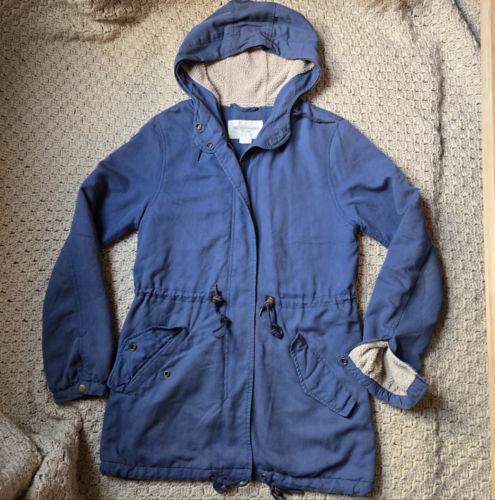 Obey Propaganda Blue Mid Length Fleece Lined Jacket/Coat XS